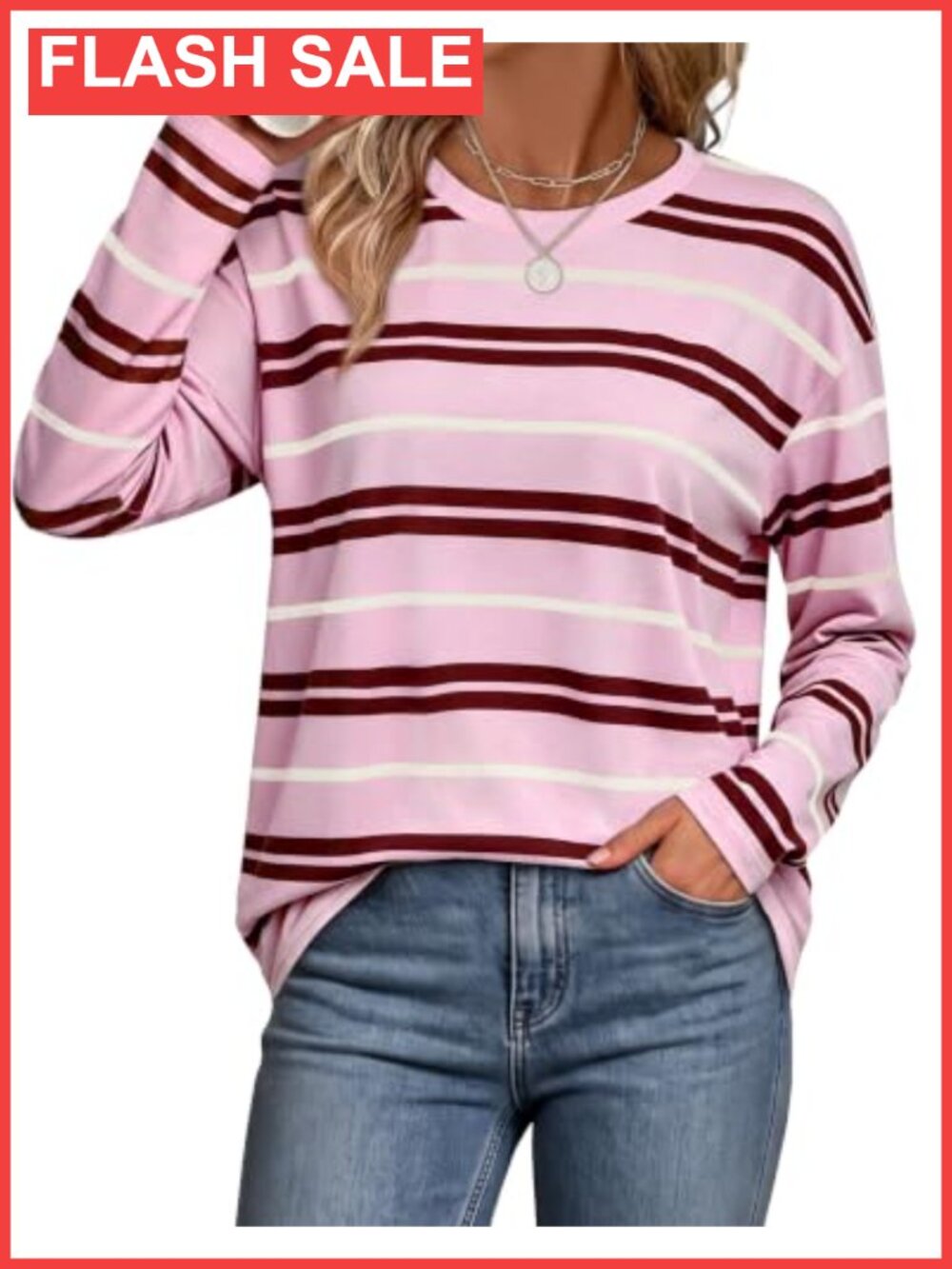 Womens Long Sleeve Striped T-Shirt Oversized Loose Fit Crew Neck Fall Top